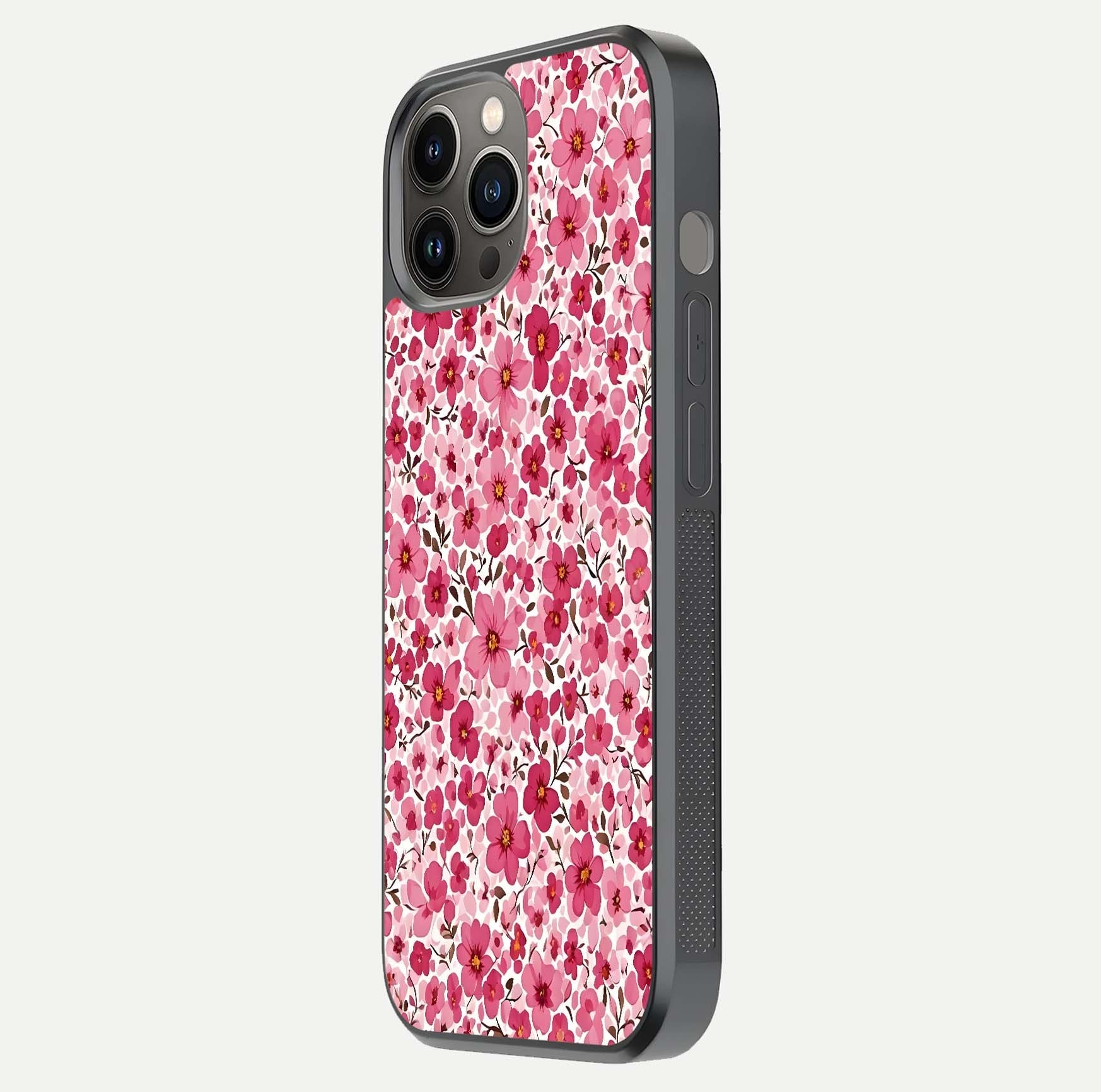 Cherry Blossom Charm Glass Case for iPhone 12 Pro Max side-angle image showing reflection gloss and soft texture