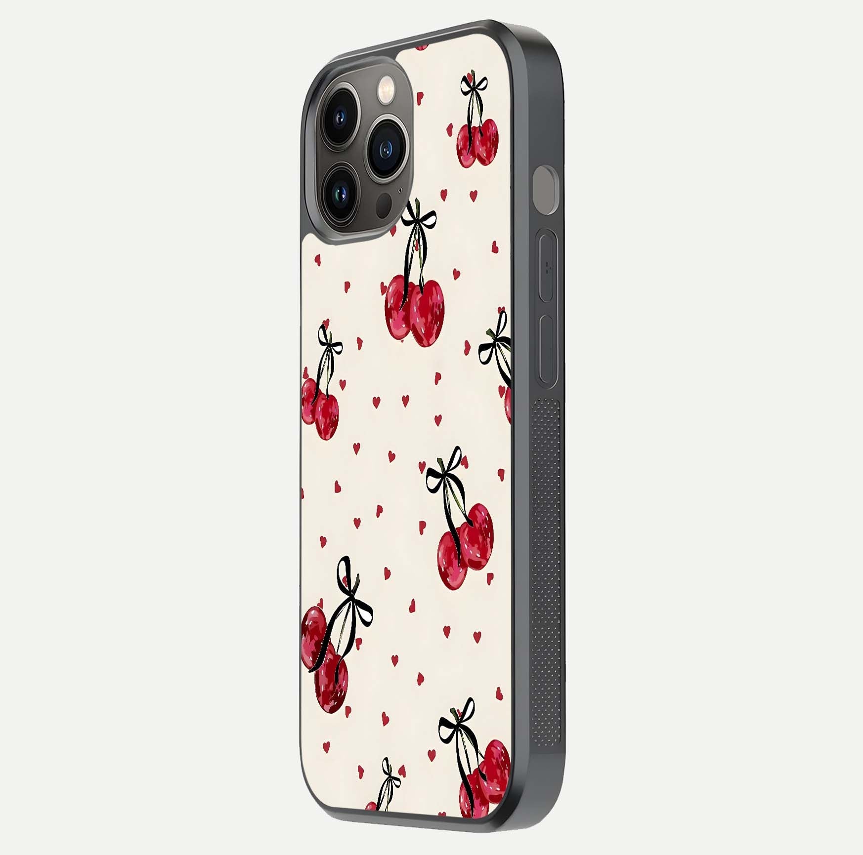 Cherry Heart Bow Glass Case for iPhone 12 Pro Max side-angle image capturing gloss texture and charm bow art