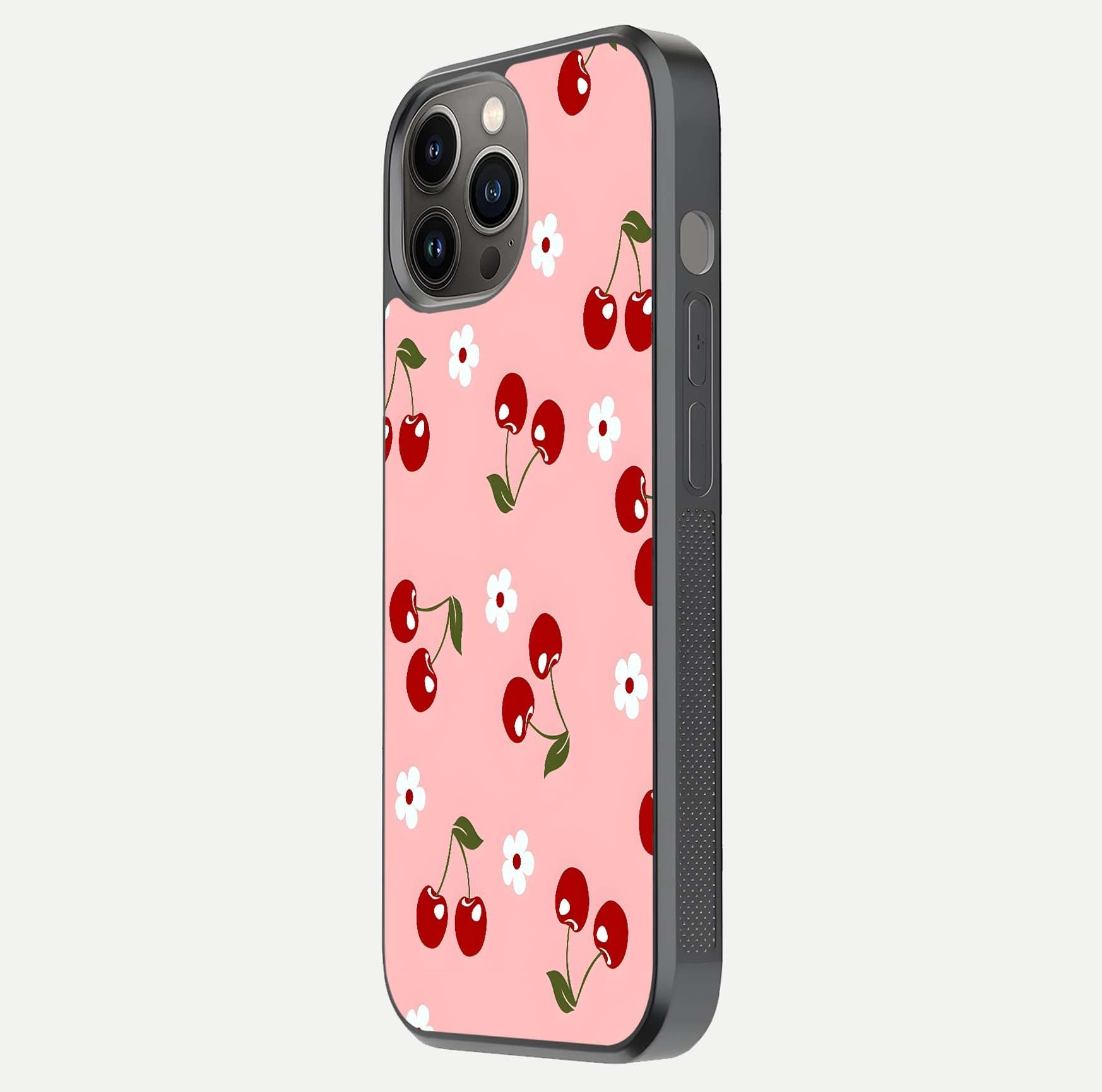 Cherry Love Mood Glass Case for iPhone 12 Pro Max side-angle image capturing smooth gloss and delicate details
