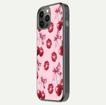 Cherry With Lips Glass Case for iPhone 12 Pro Max side-angle image showing gloss reflection and fine details