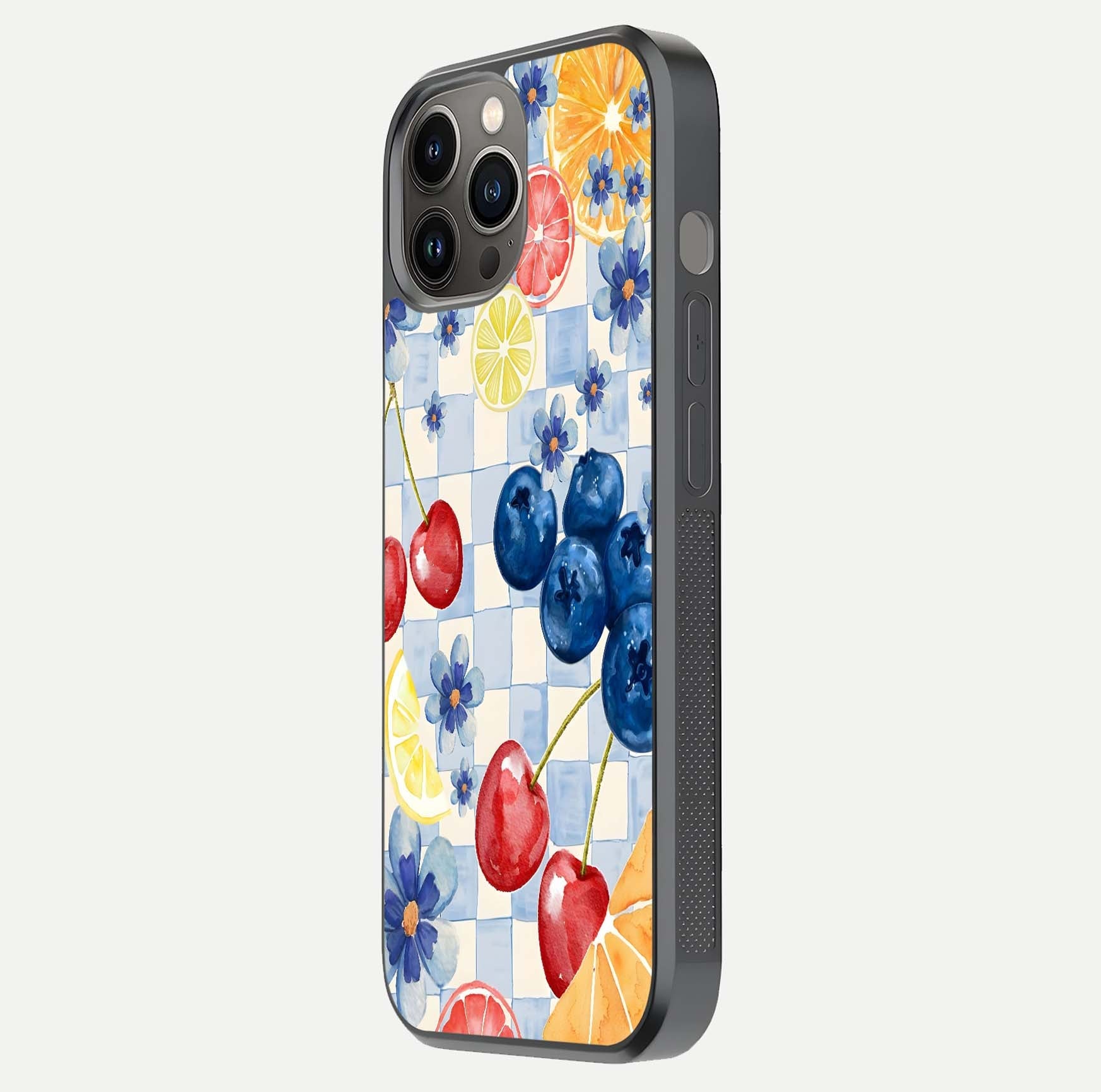 Citrus Bloom Joy Glass Case for iPhone 12 Pro Max side-angle photo capturing bright color and glass reflection