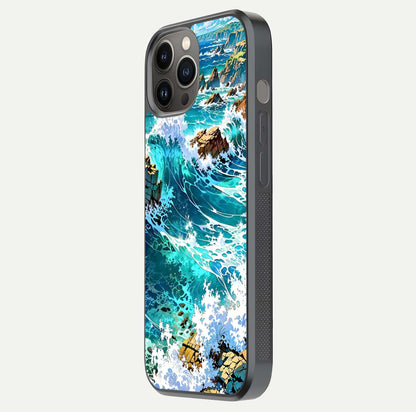 Coastal Blue Waves Glass Case for iPhone 12 Pro Max side-angle photo showing gloss texture and color depth