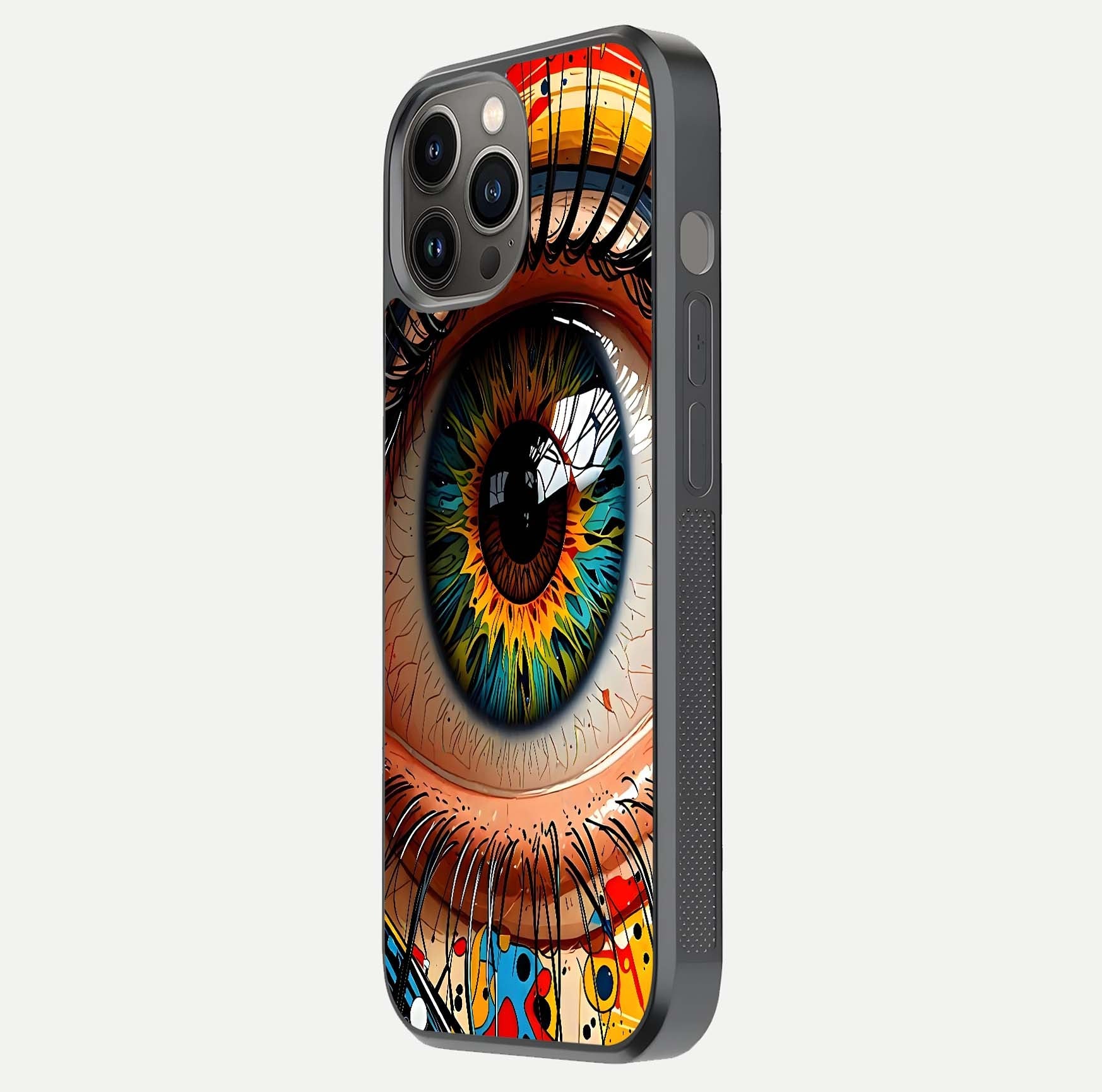Colorful Eye Glass Case for iPhone 12 Pro Max side-angle photo showing reflective surface and design detail