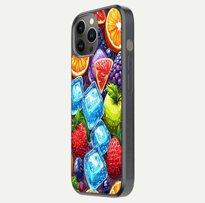 Colorful Fruits with Ice Glass Case for iPhone 12 Pro Max side-angle photo showing curve gloss and vivid tones