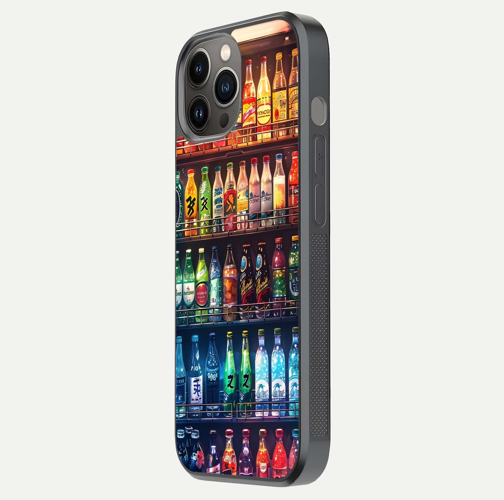 Colorful Soda Bottles Glass Case for iPhone 12 Pro Max side-angle photo showing polish shine and texture depth