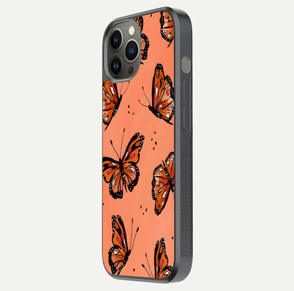 Coral Wing Butterfly Glass Case for iPhone 12 Pro Max side-angle photo showing reflective finish and smooth edges