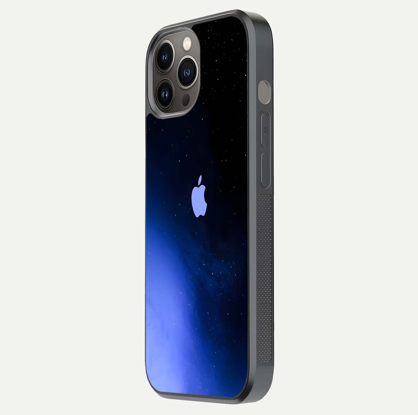 Cosmic Blue Apple Glass Case for iPhone 12 Pro Max side-angle image showing curve polish and star detail