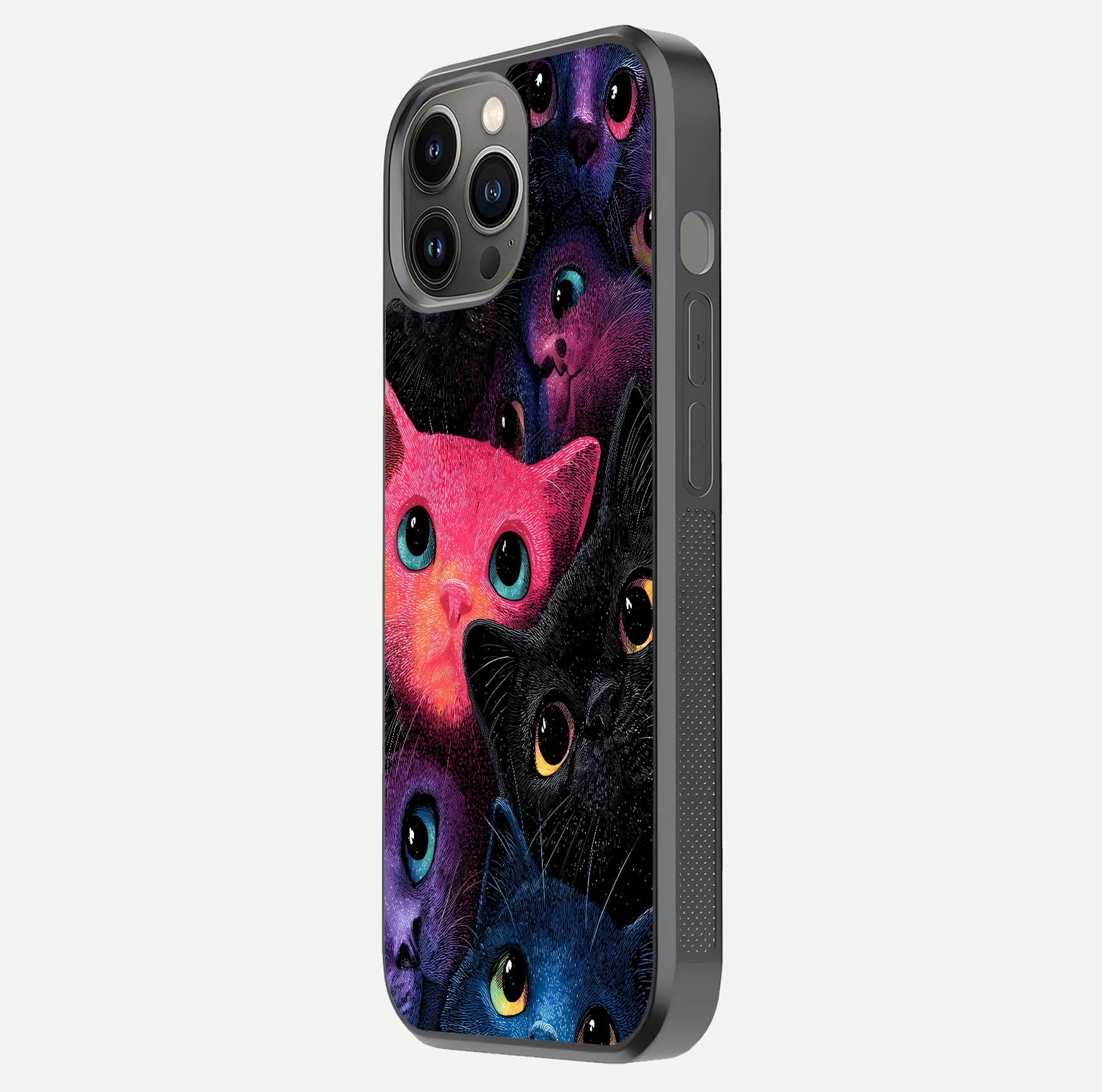 Cosmic Cats Dreams Glass Case for iPhone 12 Pro Max side-angle photo showing edge gloss and color depth