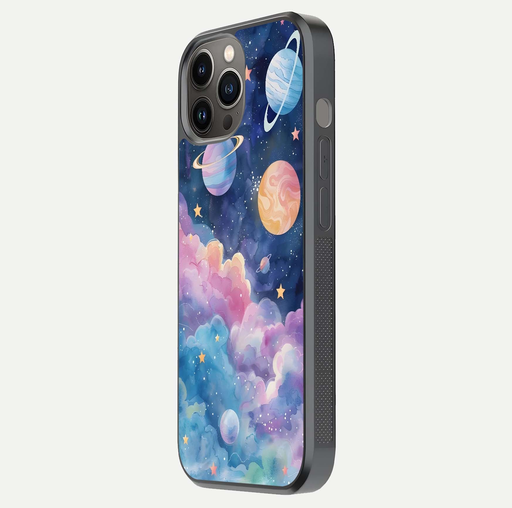 Cosmic Planet Dreams Glass Case for iPhone 12 Pro Max side-angle image showing texture clarity and shine