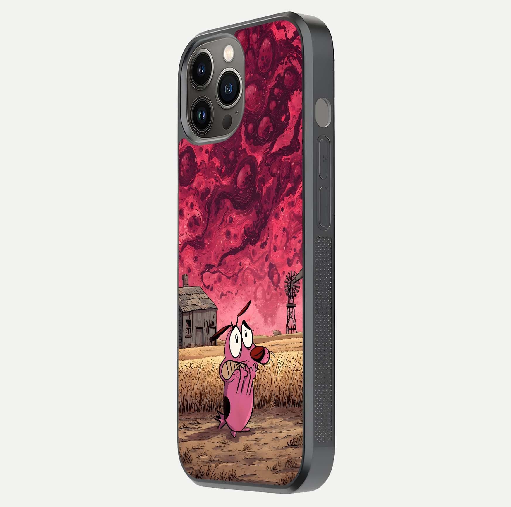 Courage Under Sky Glass Case for iPhone 12 Pro Max side-angle photo showing gloss tone and curve highlight