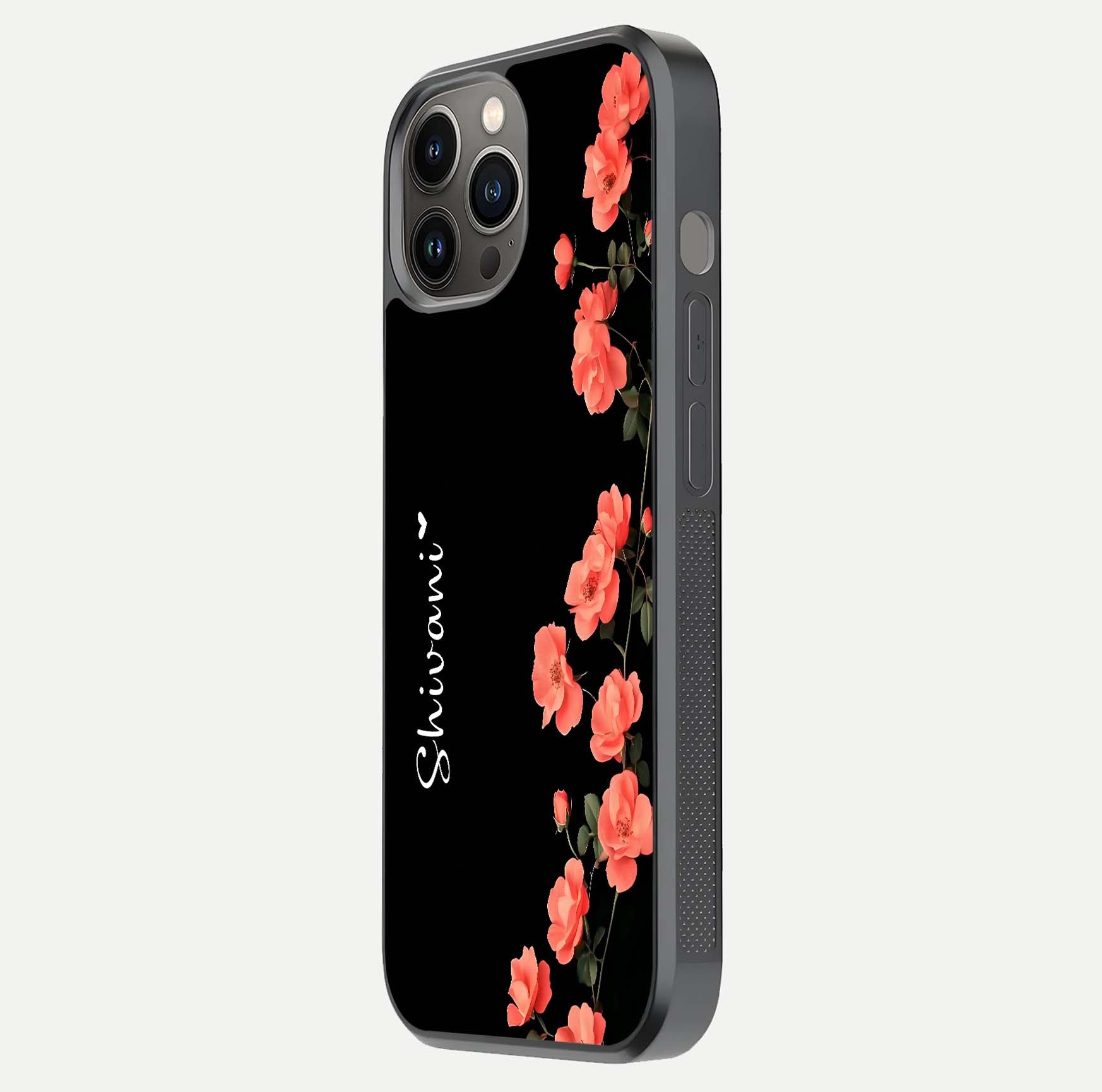 Crimson Bloom Grace Custom Name Glass Case for iPhone 12 Pro Max side-angle photo capturing edge glow and name clarity