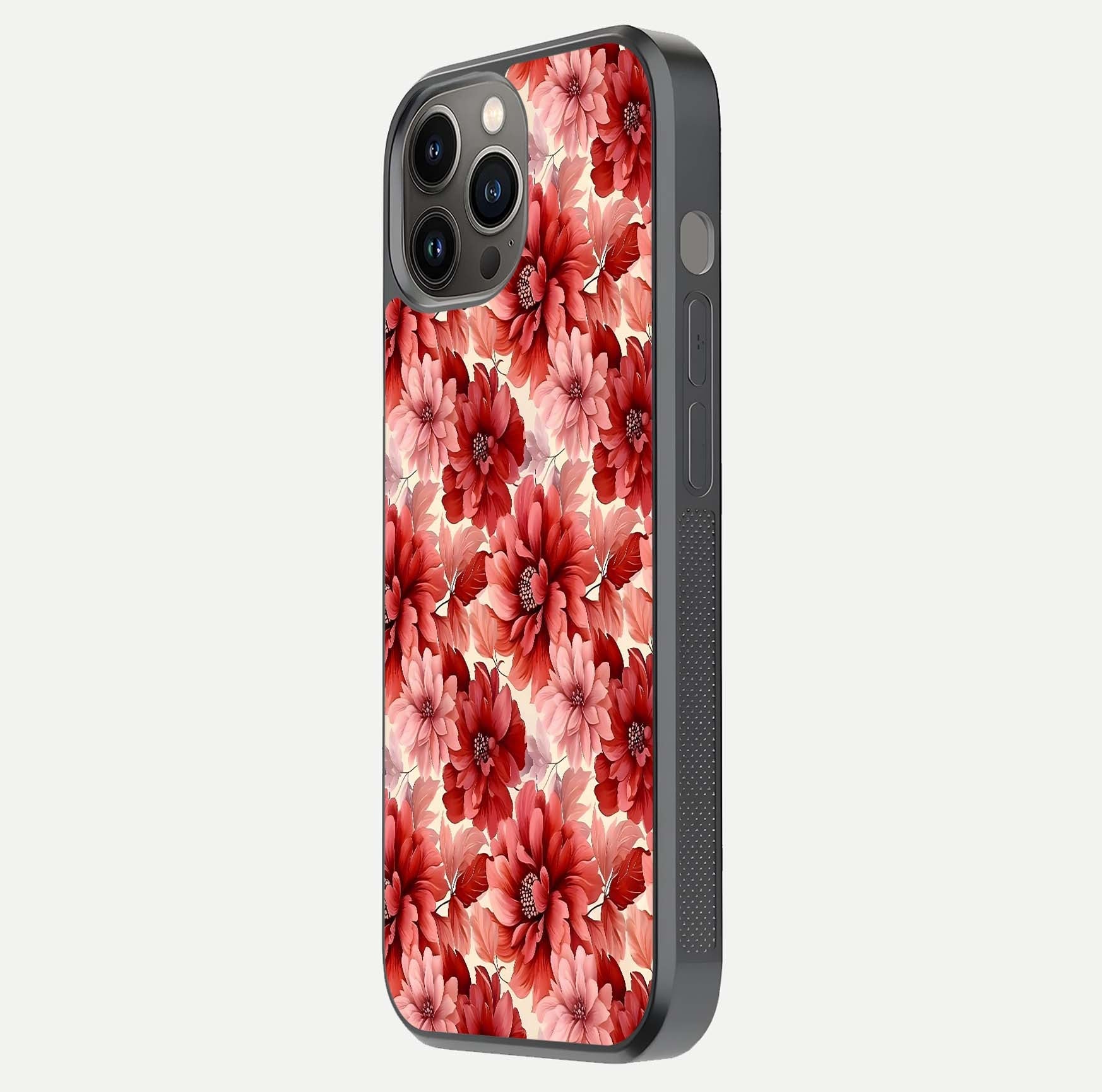 Crimson Love Petals Glass Case for iPhone 12 Pro Max side-angle photo showing reflection glow and edge clarity