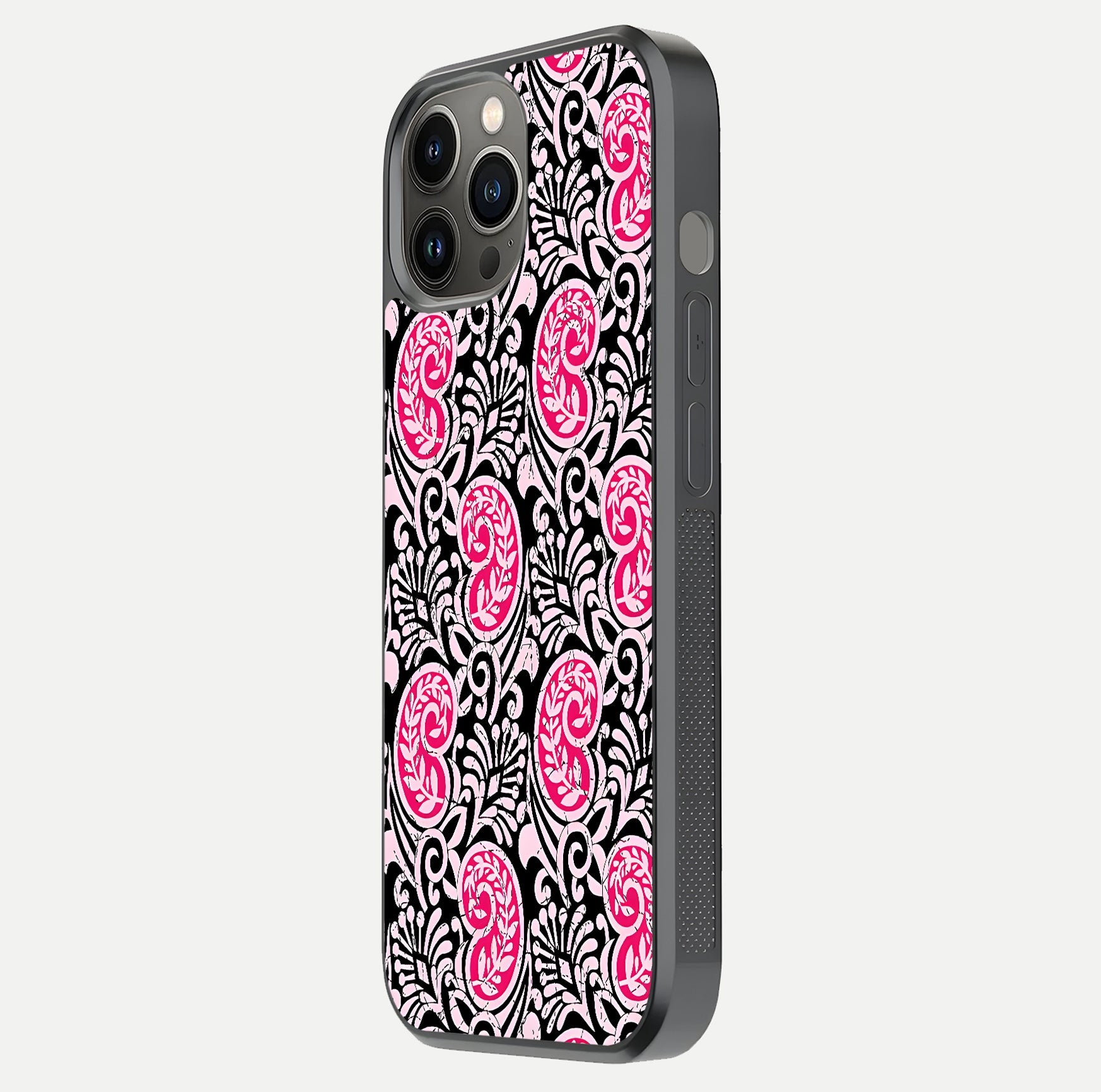 Crimson Paisley Charm Glass Case for iPhone 12 Pro Max side-angle image showing reflection and smooth edges