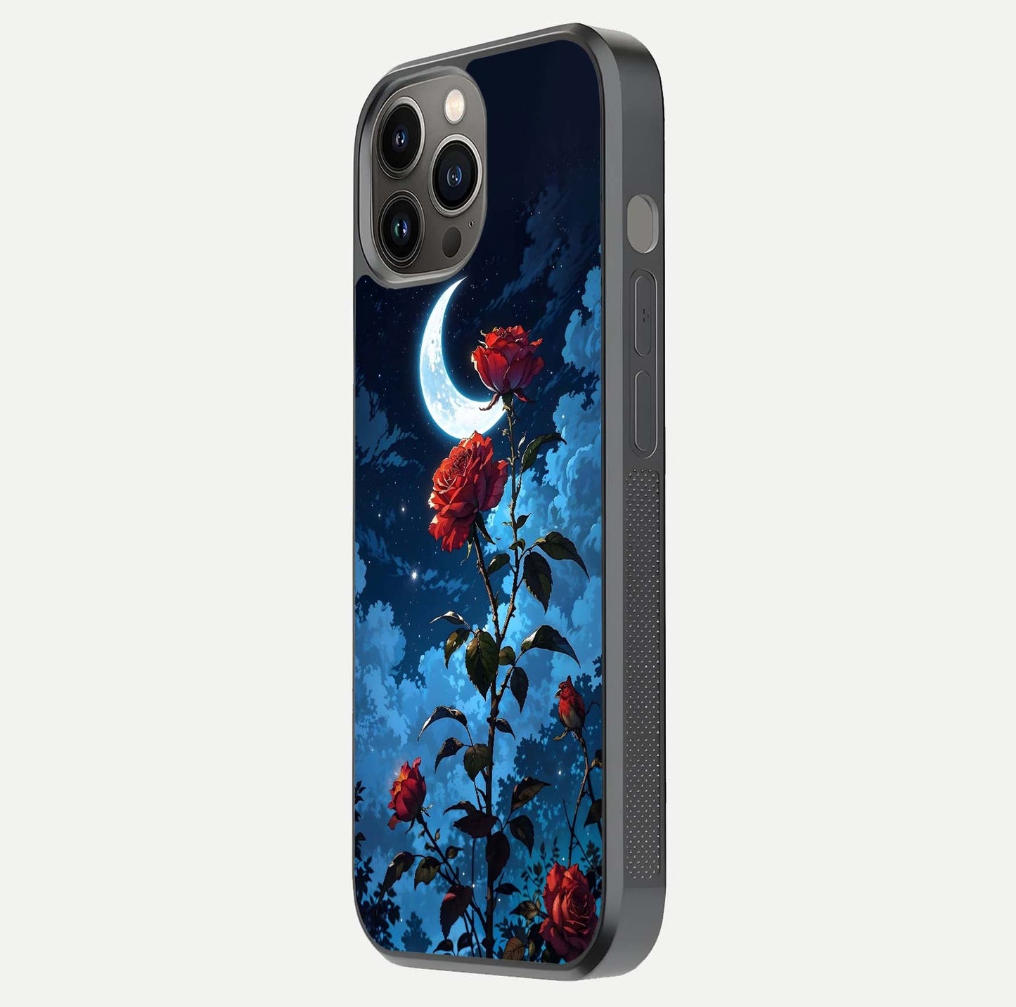 Crimson Rose Moon Glass Case for iPhone 12 Pro Max side-angle photo showing reflective texture and smooth curve