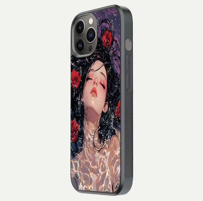 Crimson Rose Serenity Glass Case for iPhone 12 Pro Max side-angle photo showing glass reflection and soft edges