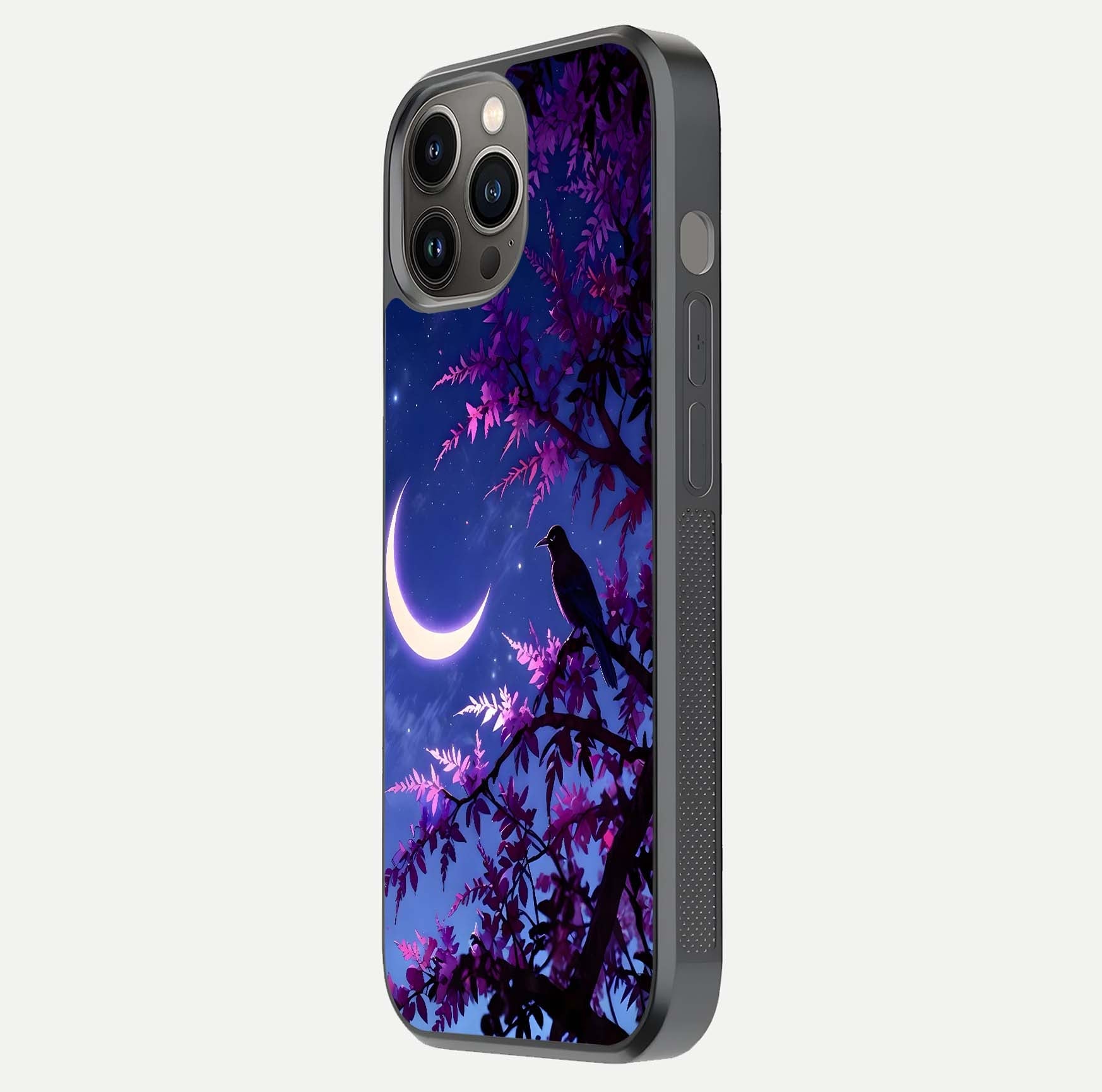 Crow & Moon Scenery Glass Case for iPhone 12 Pro Max side-angle photo capturing glossy shine and artistic contrast
