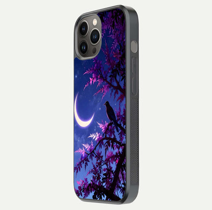 Crow & Moon Scenery Glass Case for iPhone 12 Pro Max side-angle photo capturing glossy shine and artistic contrast