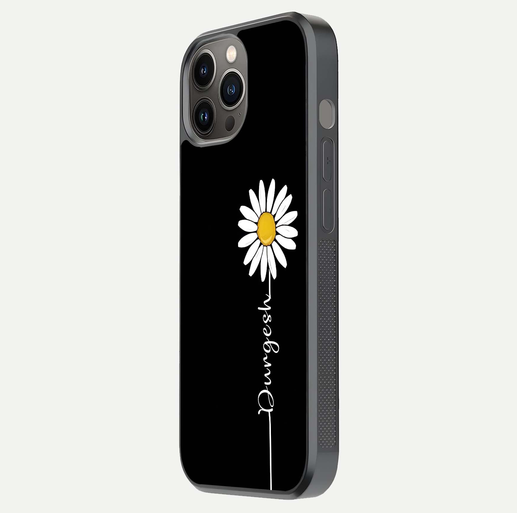 Custom Name White Flower Glass Case for iPhone 12 Pro Max side-angle photo showing reflection shine and name clarity