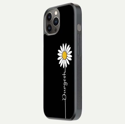 Custom Name White Flower Glass Case for iPhone 12 Pro Max side-angle photo showing reflection shine and name clarity