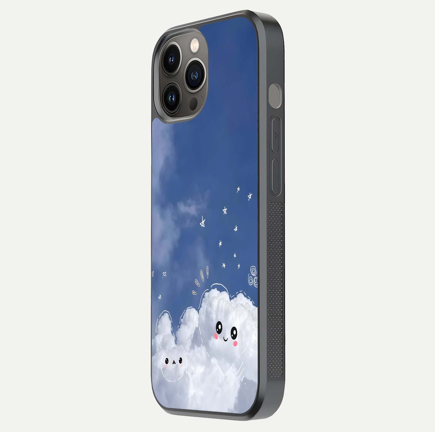 Cute Blossom Cloud Glass Case for iPhone 12 Pro Max side-angle image capturing gloss texture and curve reflection