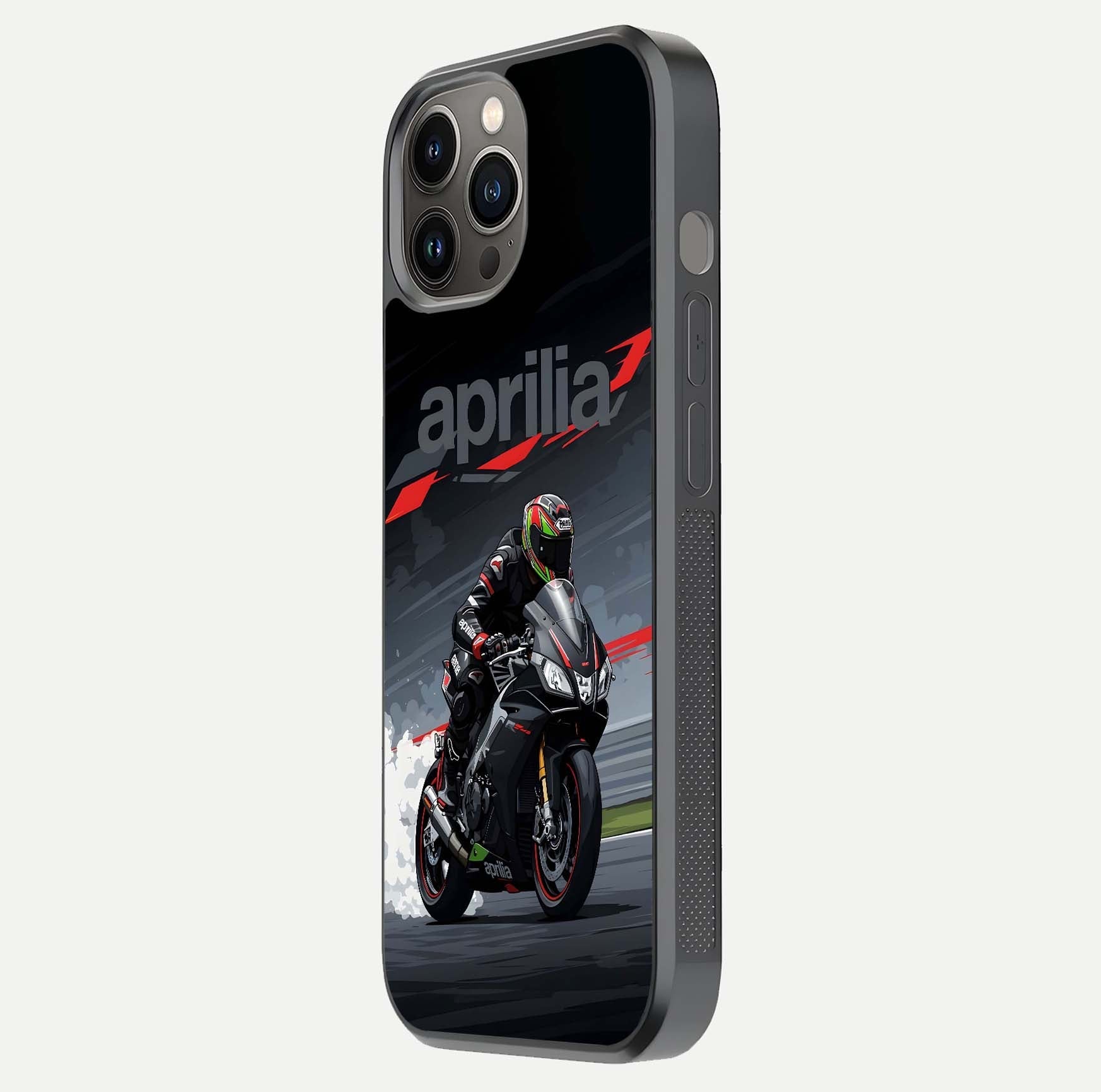 Dark Aprilla Glass Case for iPhone 12 Pro Max side-angle photo showing reflection gloss and curved edge finish