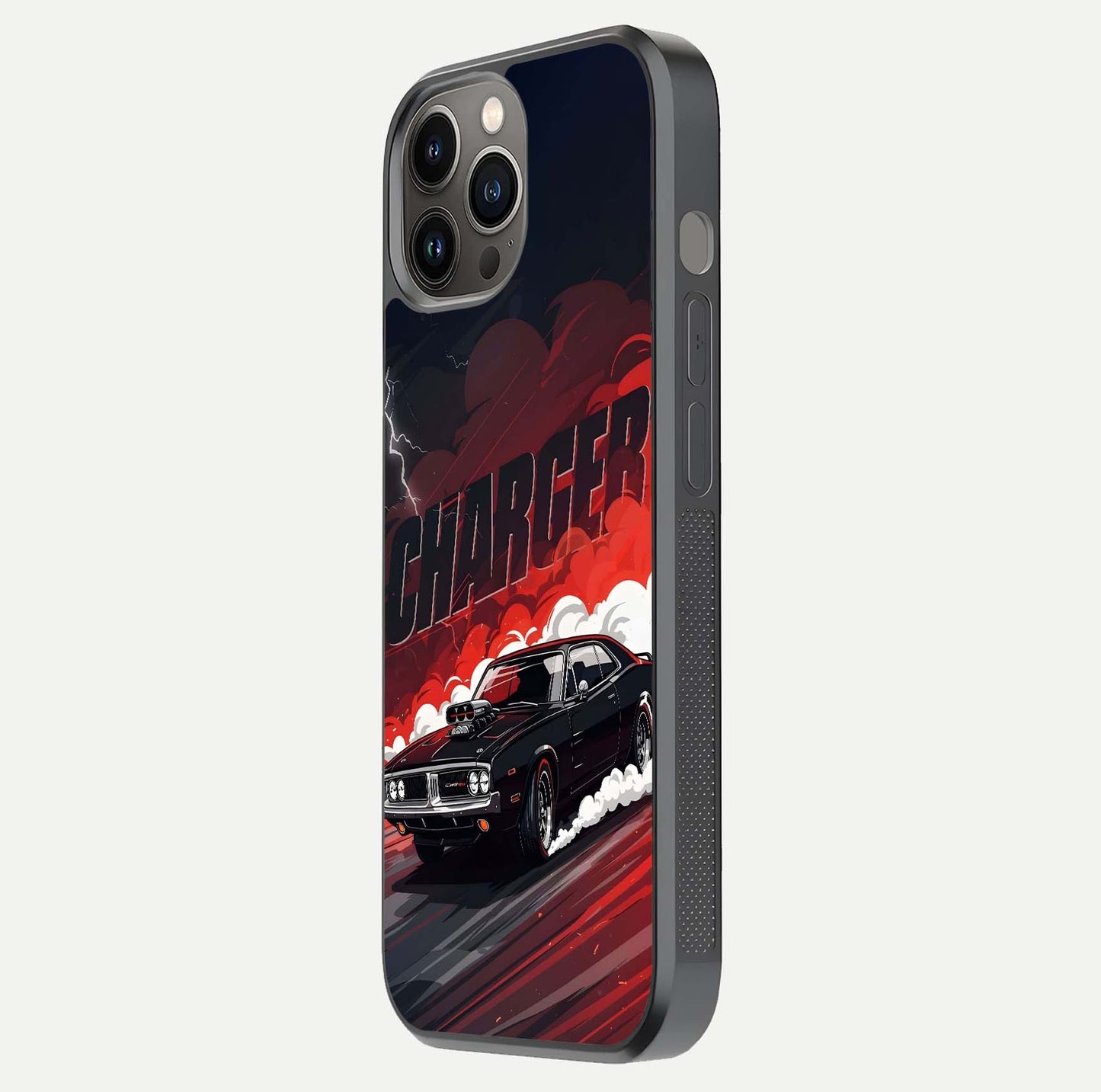 Dark Charger Fury Glass Case for iPhone 12 Pro Max side-angle image showing edge gloss and bold tone