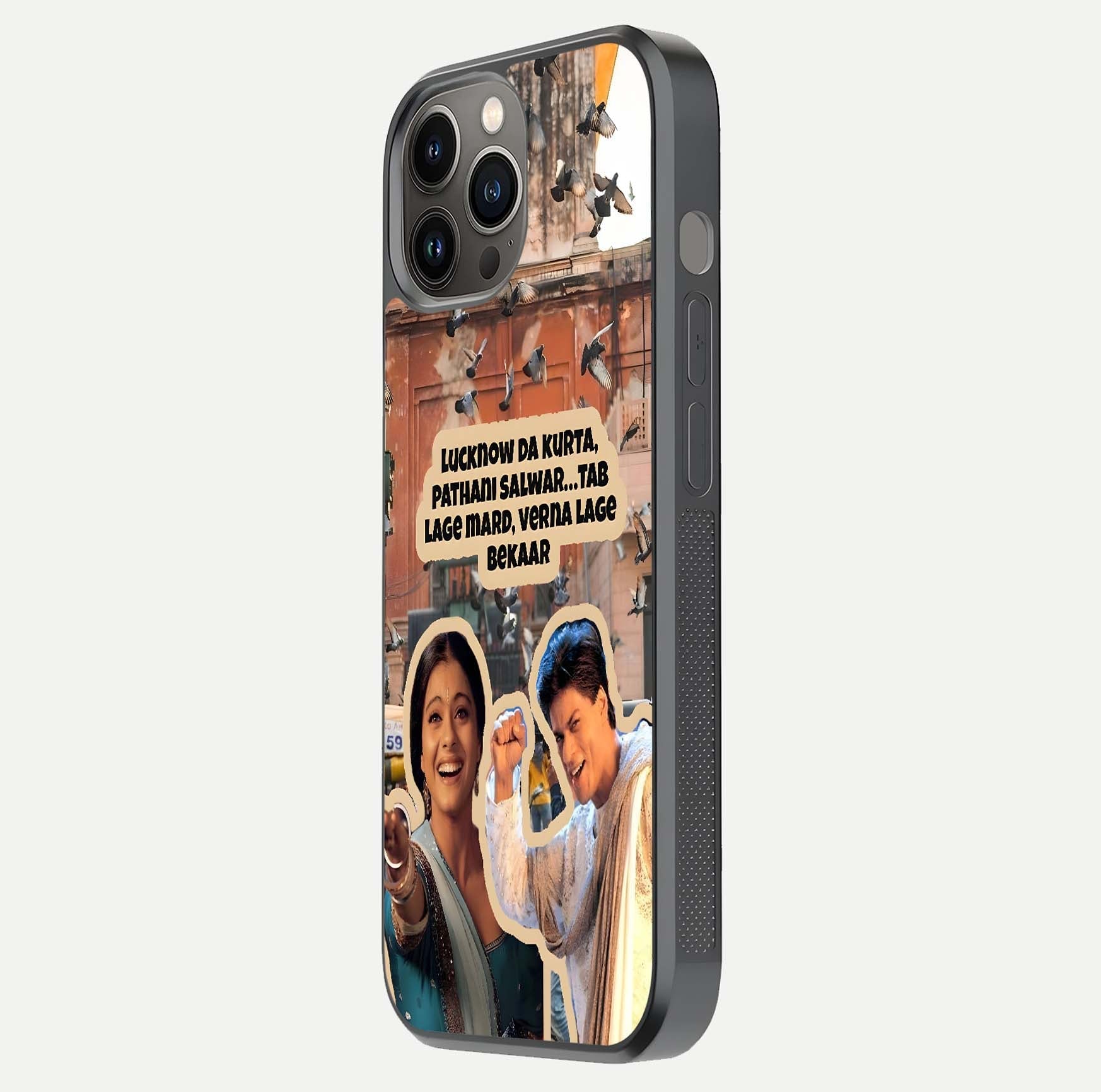 Desi Retro Vibes Glass Case for iPhone 12 Pro Max side-angle image displaying gloss texture and bold pattern