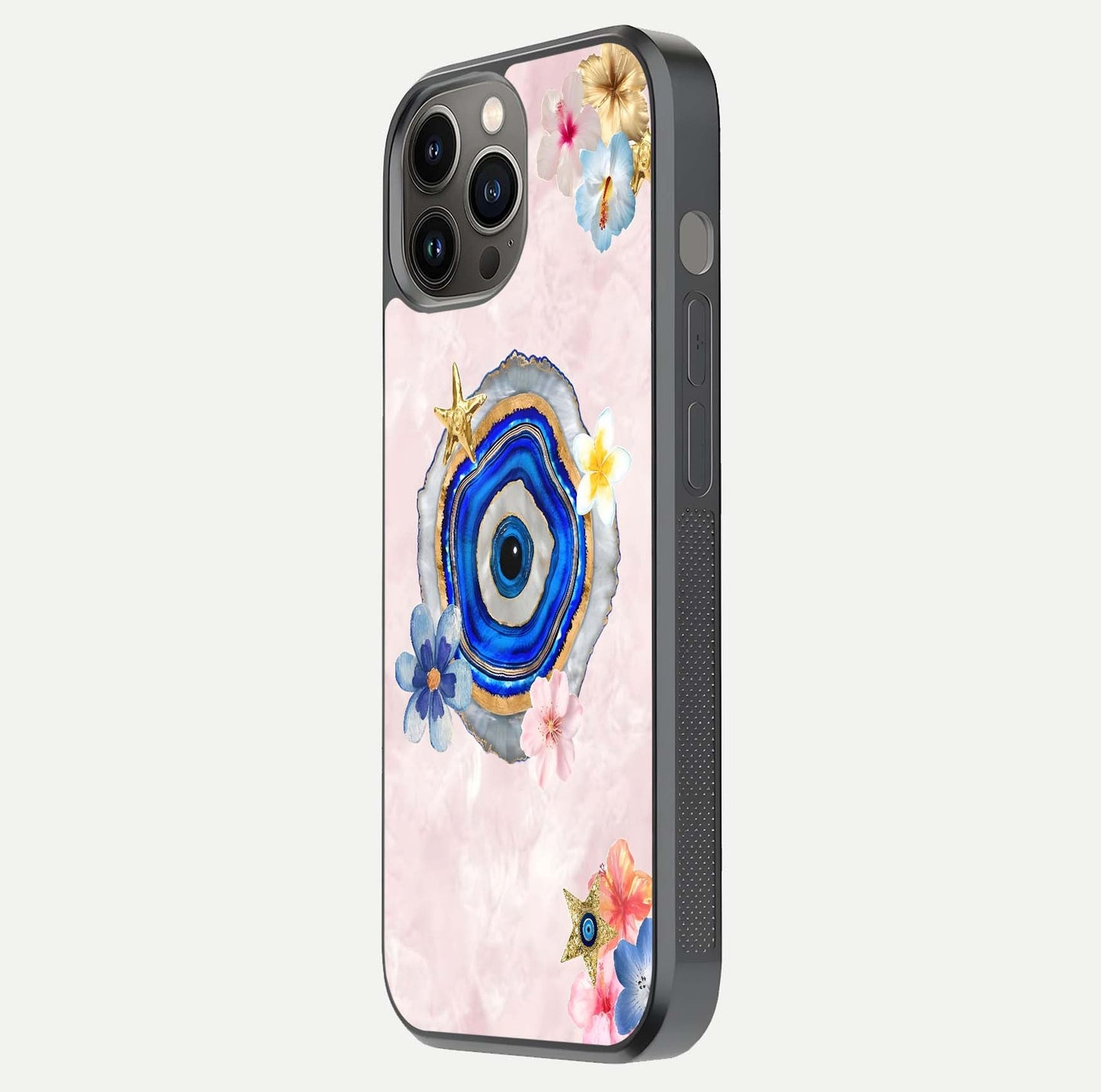 Divine Aura Bloom Glass Case for iPhone 12 Pro Max side-angle photo capturing reflection glow and premium polish
