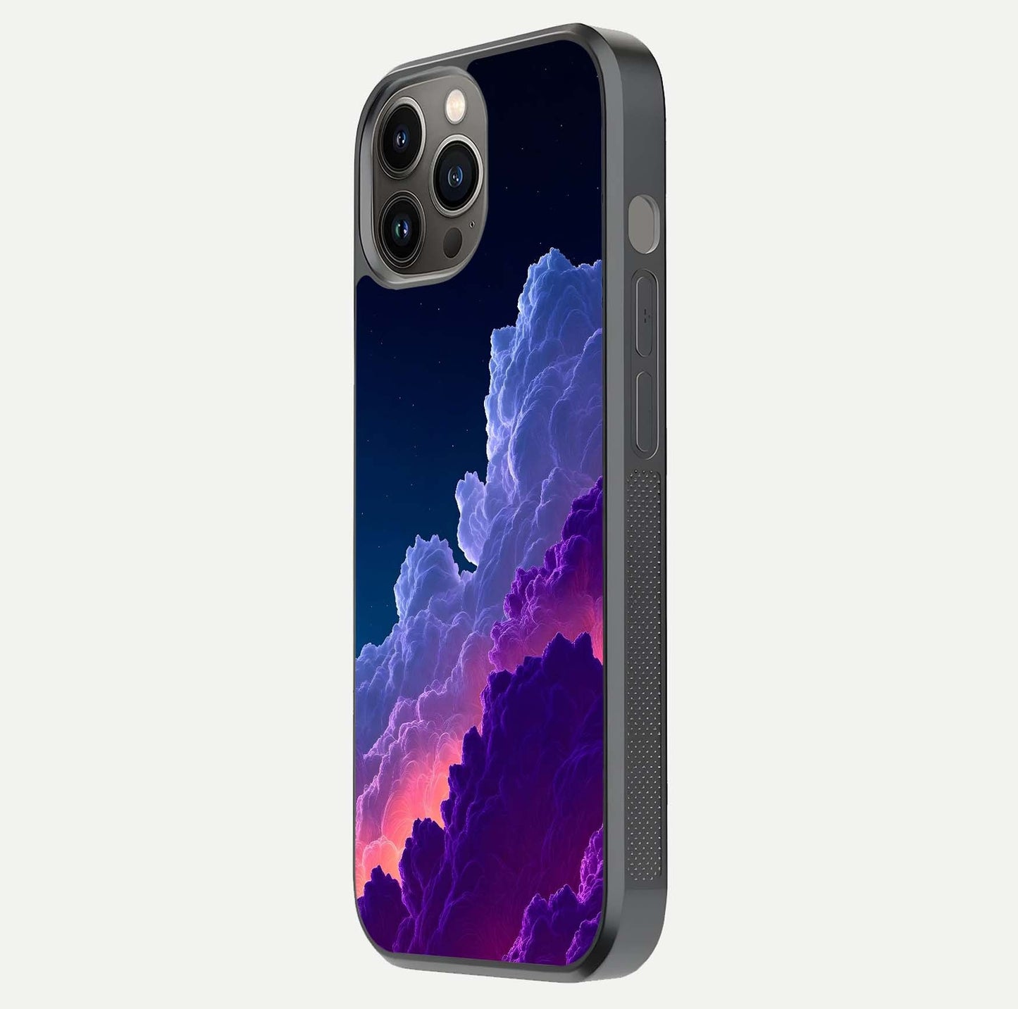 Dreamy Cloud Skies Glass Case for iPhone 12 Pro Max side-angle image showing reflection clarity and polish
