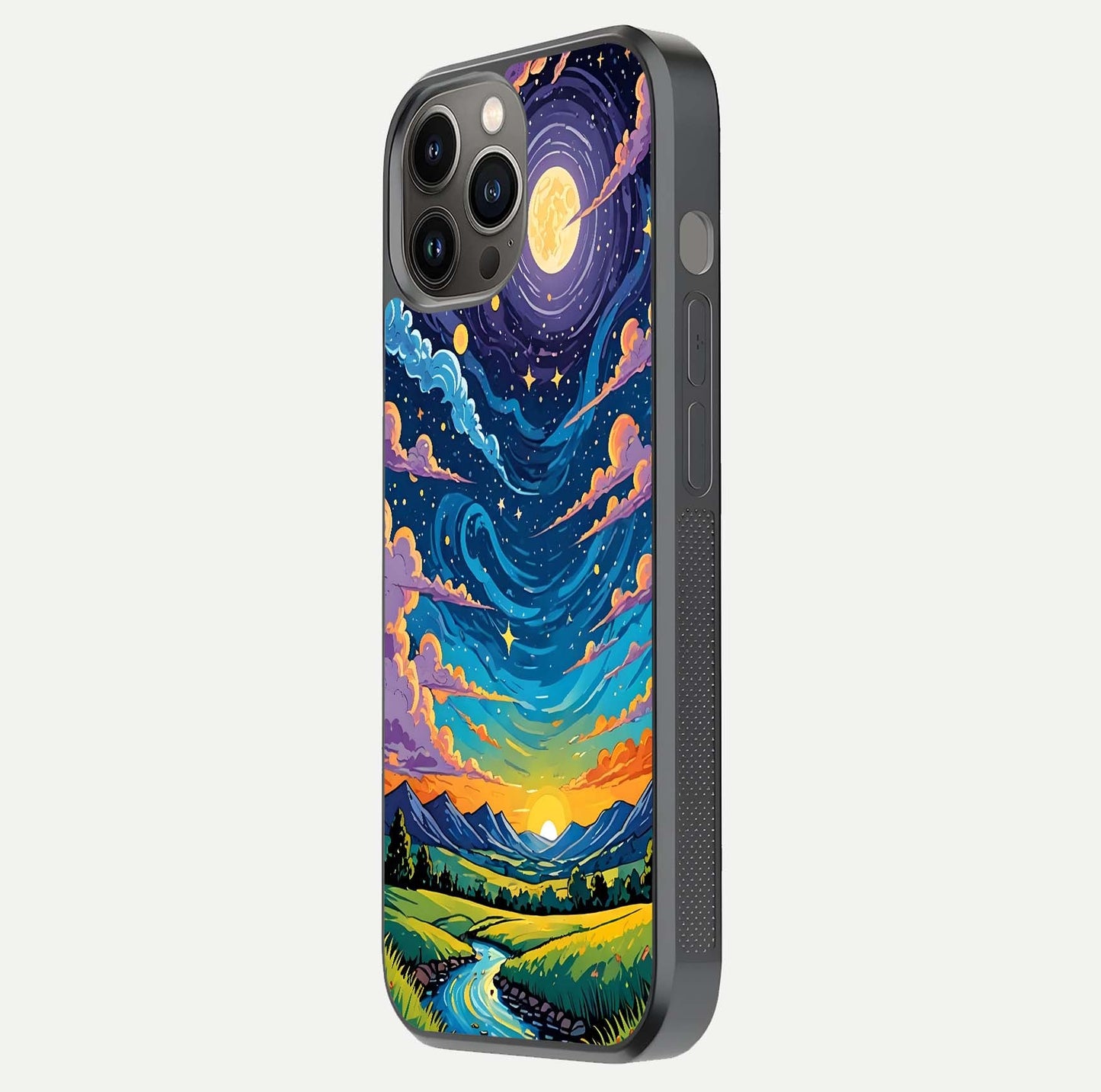 Dreamy Night Landscape Glass Case for iPhone 12 Pro Max side-angle photo capturing reflection glow and edge detail
