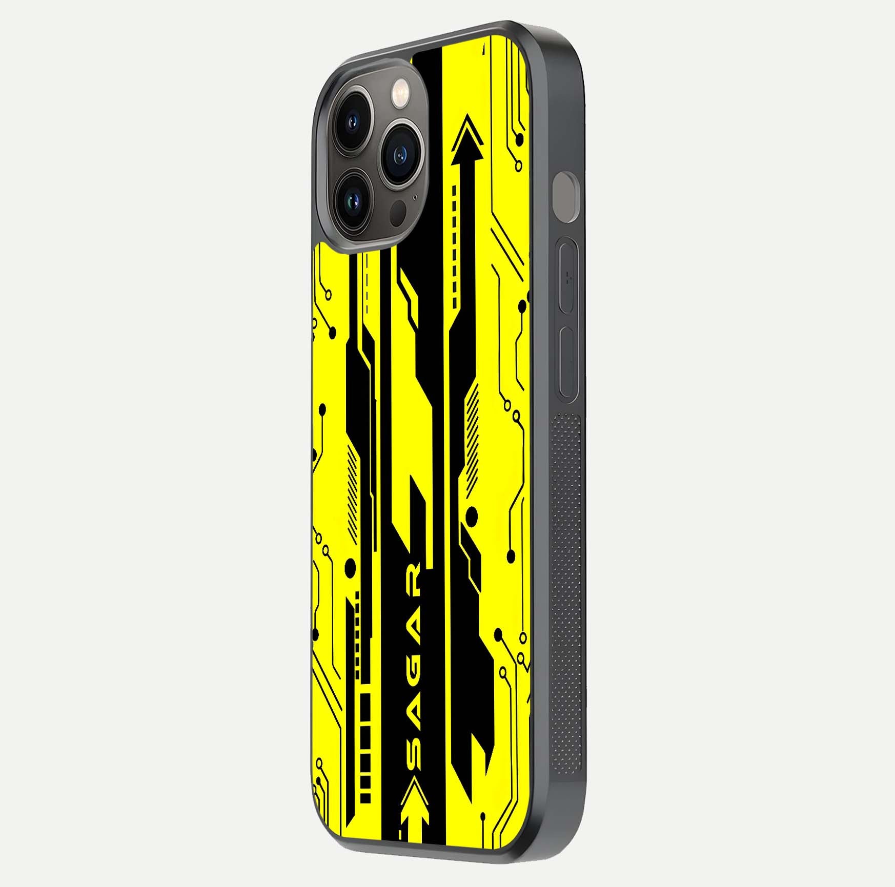 Electric Pulse CYBERPUNK Custom Name Glass Case for iPhone 12 Pro Max side-angle image showing glossy reflection and edge illumination