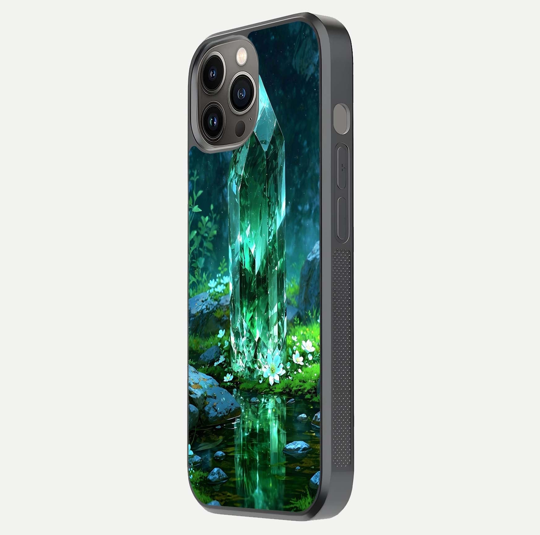 Emerald Light Crystal Glass Case for iPhone 12 Pro Max side-angle image showing gloss reflection and curved border