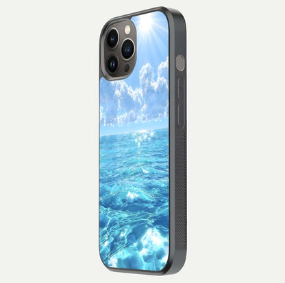Endless Ocean Horizon Glass Case for iPhone 12 Pro Max side-angle photo showing reflection glow and wave tone
