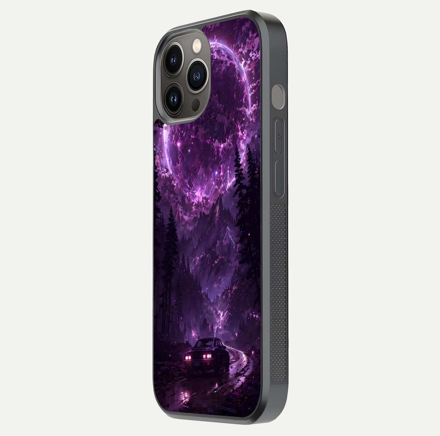 Eternal Cosmic Drive Glass Case for iPhone 12 Pro Max side-angle image showing reflection texture and color contrast