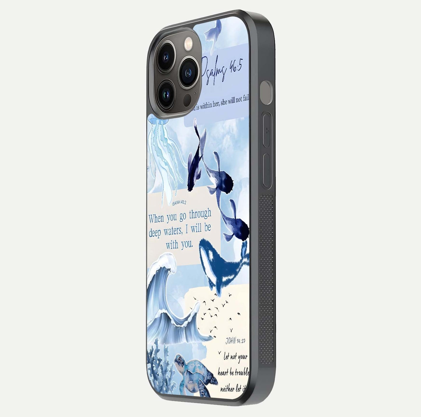 Faithful Ocean Promise Glass Case for iPhone 12 Pro Max side-angle photo showing reflection glow and color clarity
