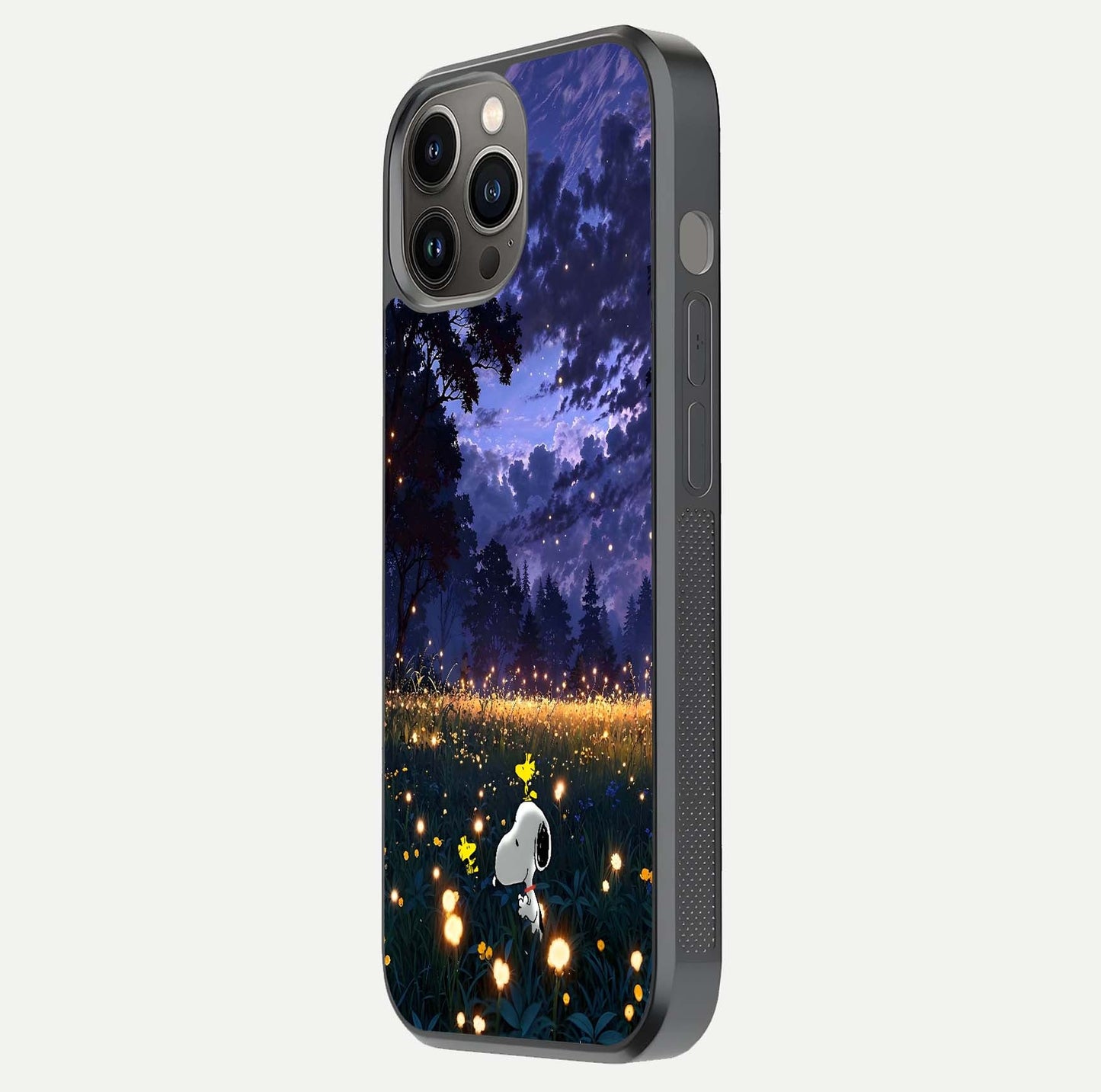 Firefly Meadow Magic Glass Case for iPhone 12 Pro Max side-angle image capturing glow reflection and fine texture