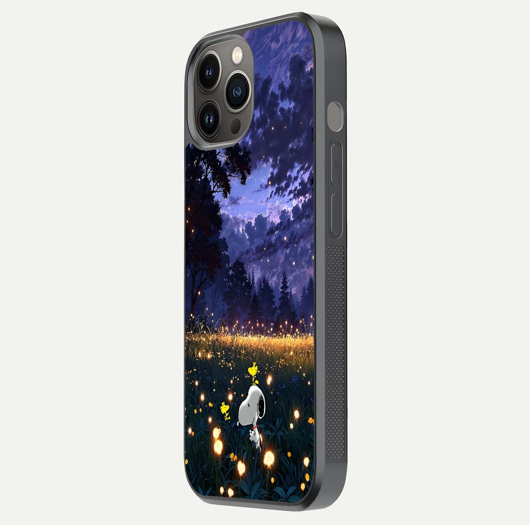 Firefly Meadow Magic Glass Case for iPhone 12 Pro Max side-angle image capturing glow reflection and fine texture