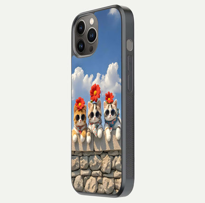 Floral Kitty Squad Glass Case for iPhone 12 Pro Max side-angle photo showing reflection glow and polished surface