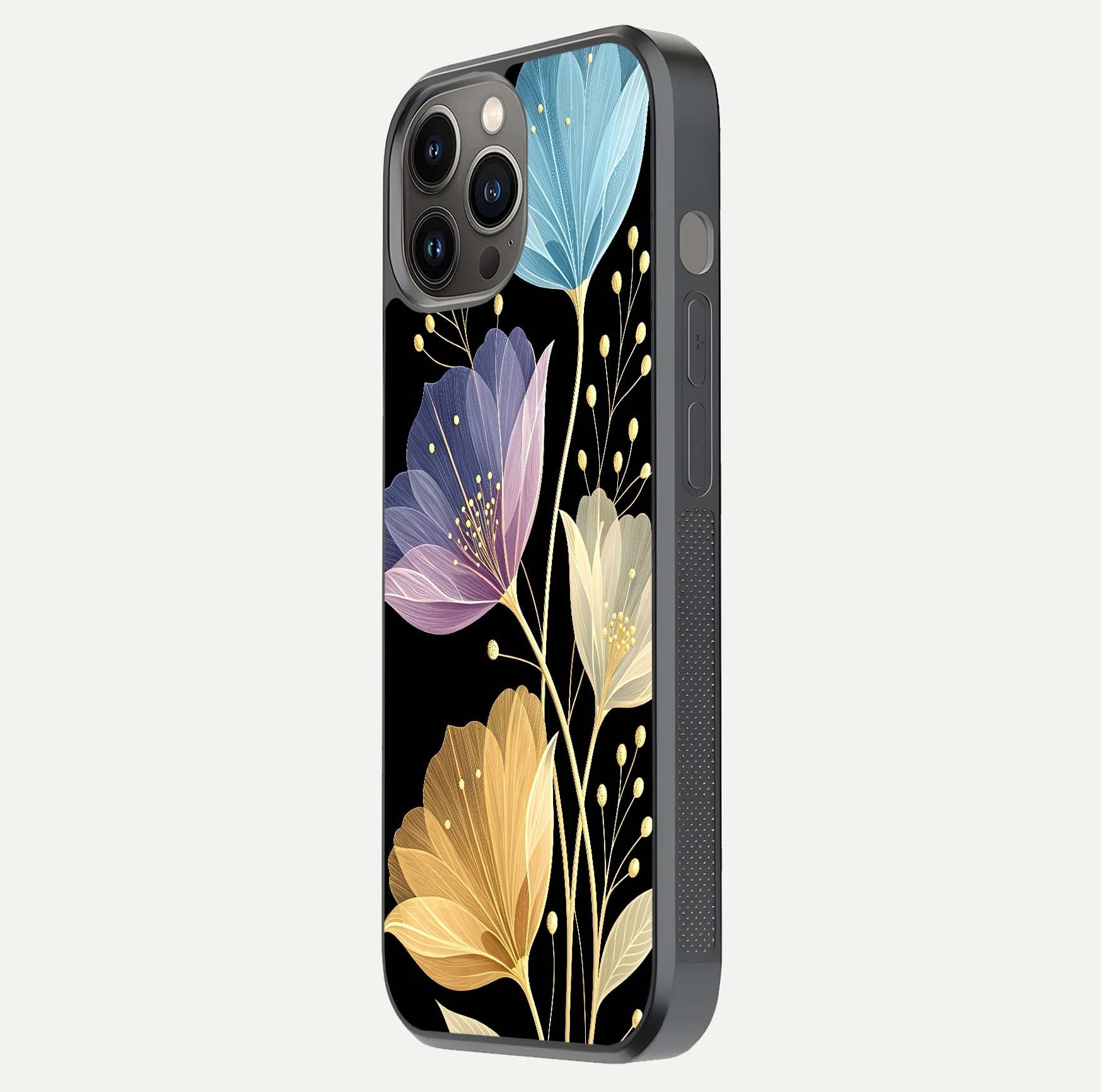 Flower Bloom Glow Glass Case for iPhone 12 Pro Max side-angle image capturing gloss reflection and flower glow