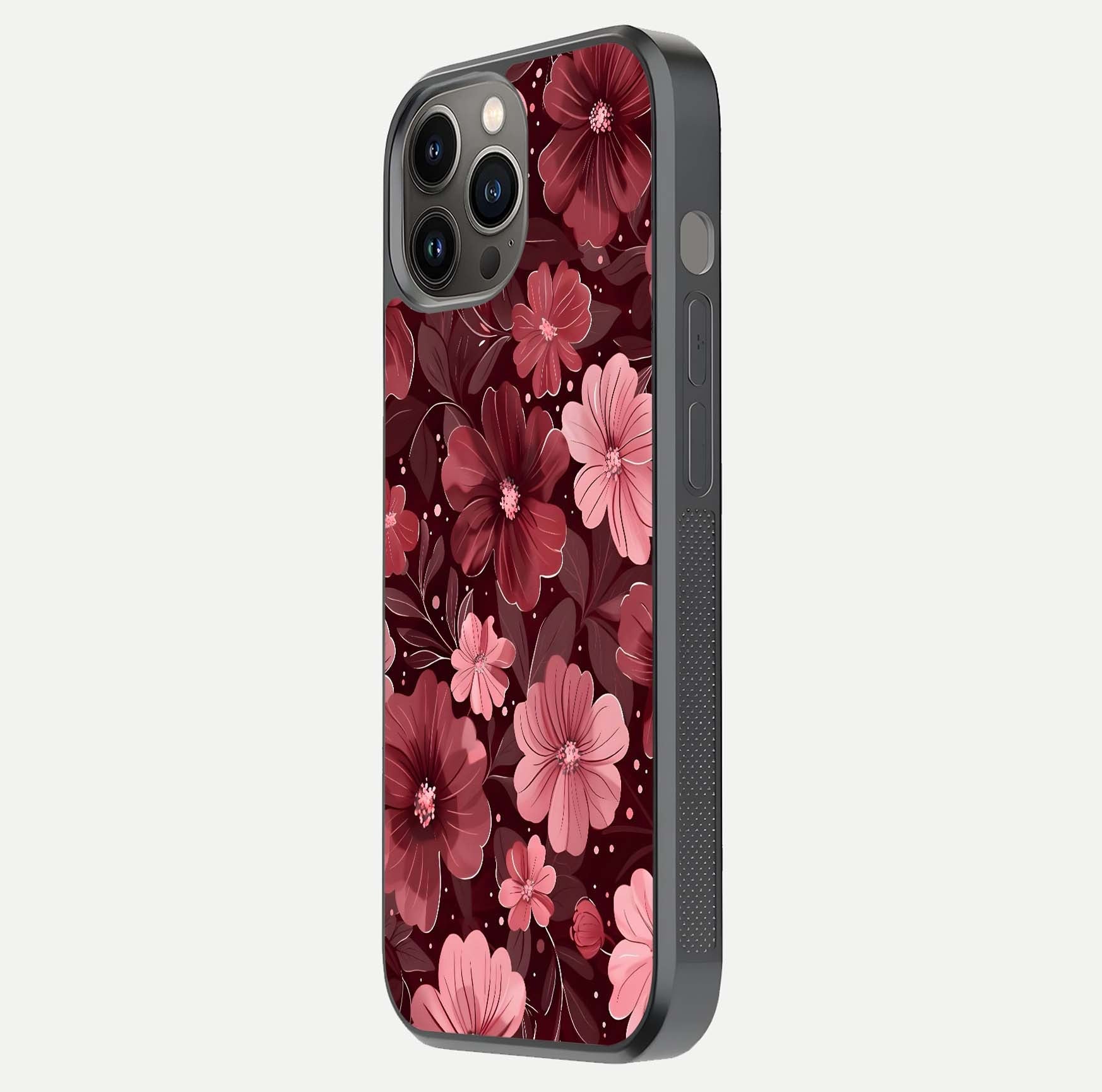 Flower Blush Bloom Glass Case for iPhone 12 Pro Max side-angle photo showing glass reflection and delicate hues