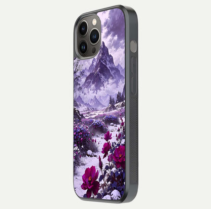 Flower Mountain View Glass Case for iPhone 12 Pro Max side-angle image showing gloss polish and smooth edge