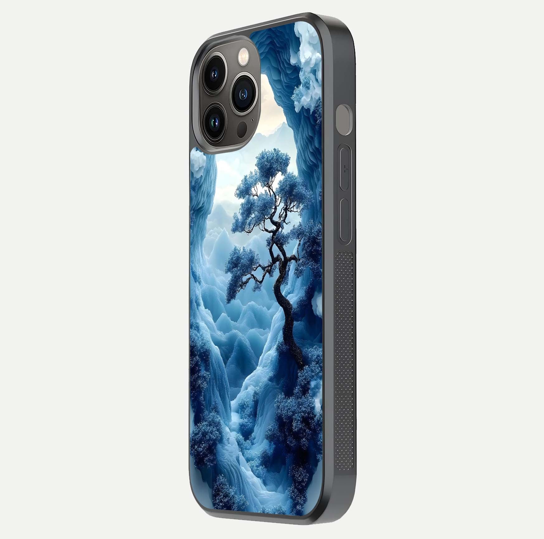 Frozen Serenity Gate Glass Case for iPhone 12 Pro Max side-angle photo showing reflective surface and cold tones