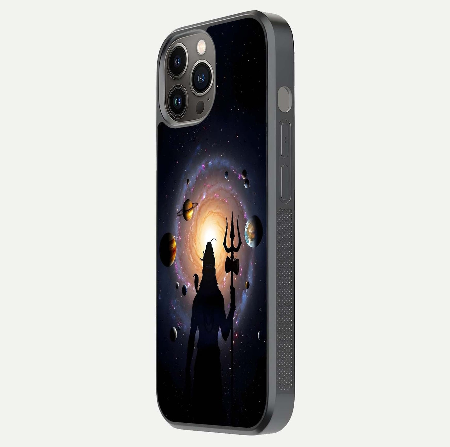Galactic Shiva Vision Glass Case for iPhone 12 Pro Max side-angle image showing light reflection, glass edges, and spiritual cosmic theme