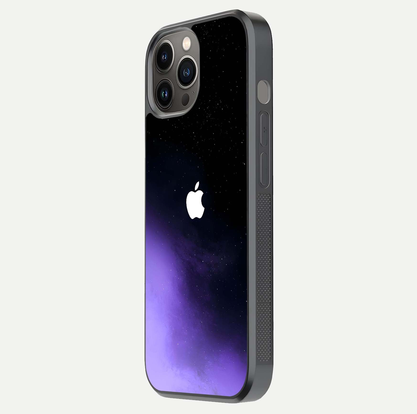 Galaxy Apple Aura Glass Case for iPhone 12 Pro Max side-angle image showing glossy surface and soft reflection hues