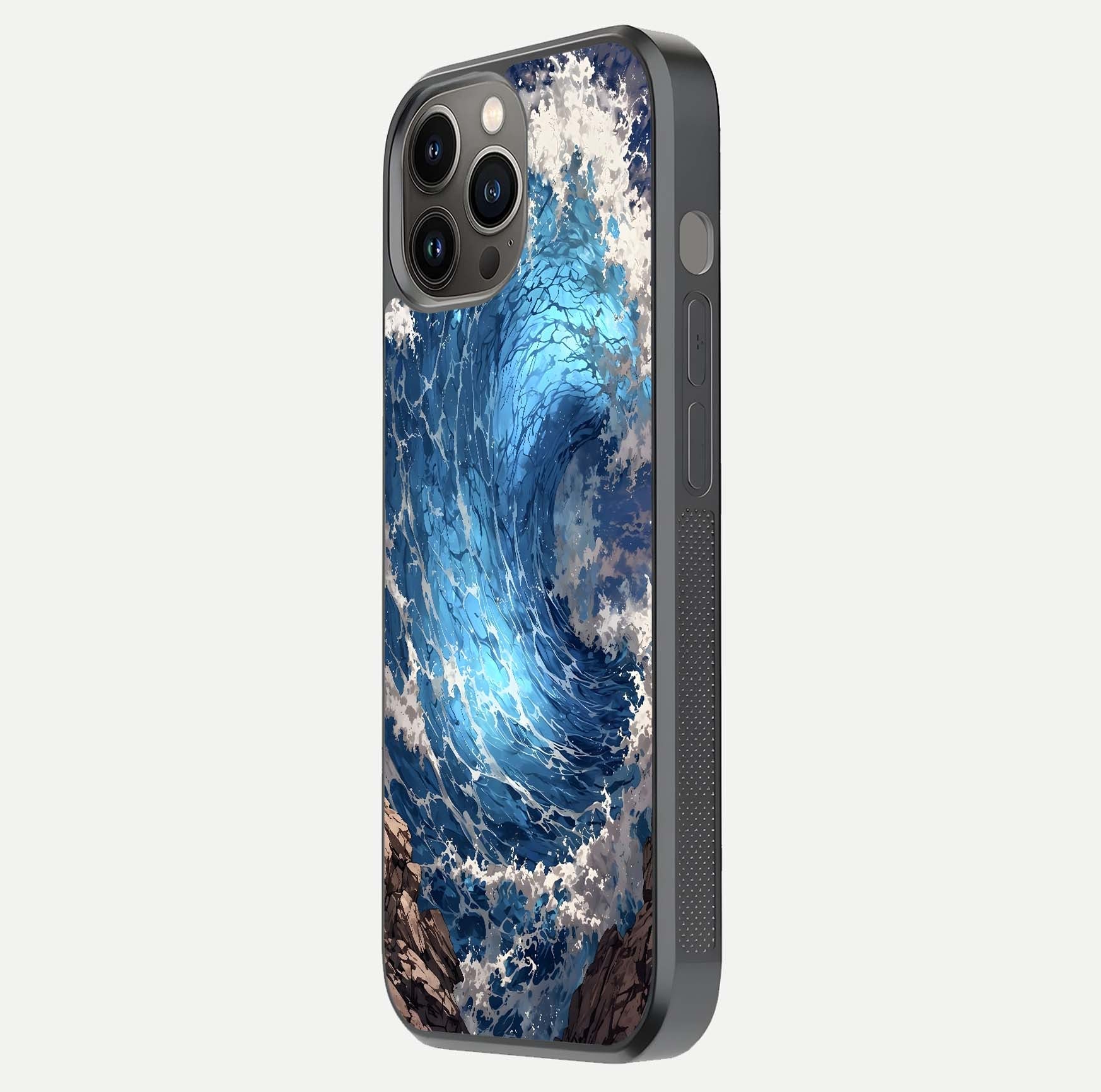 Giant Ocean Wave Glass Case for iPhone 12 Pro Max side-angle image showing light reflection and ocean detail
