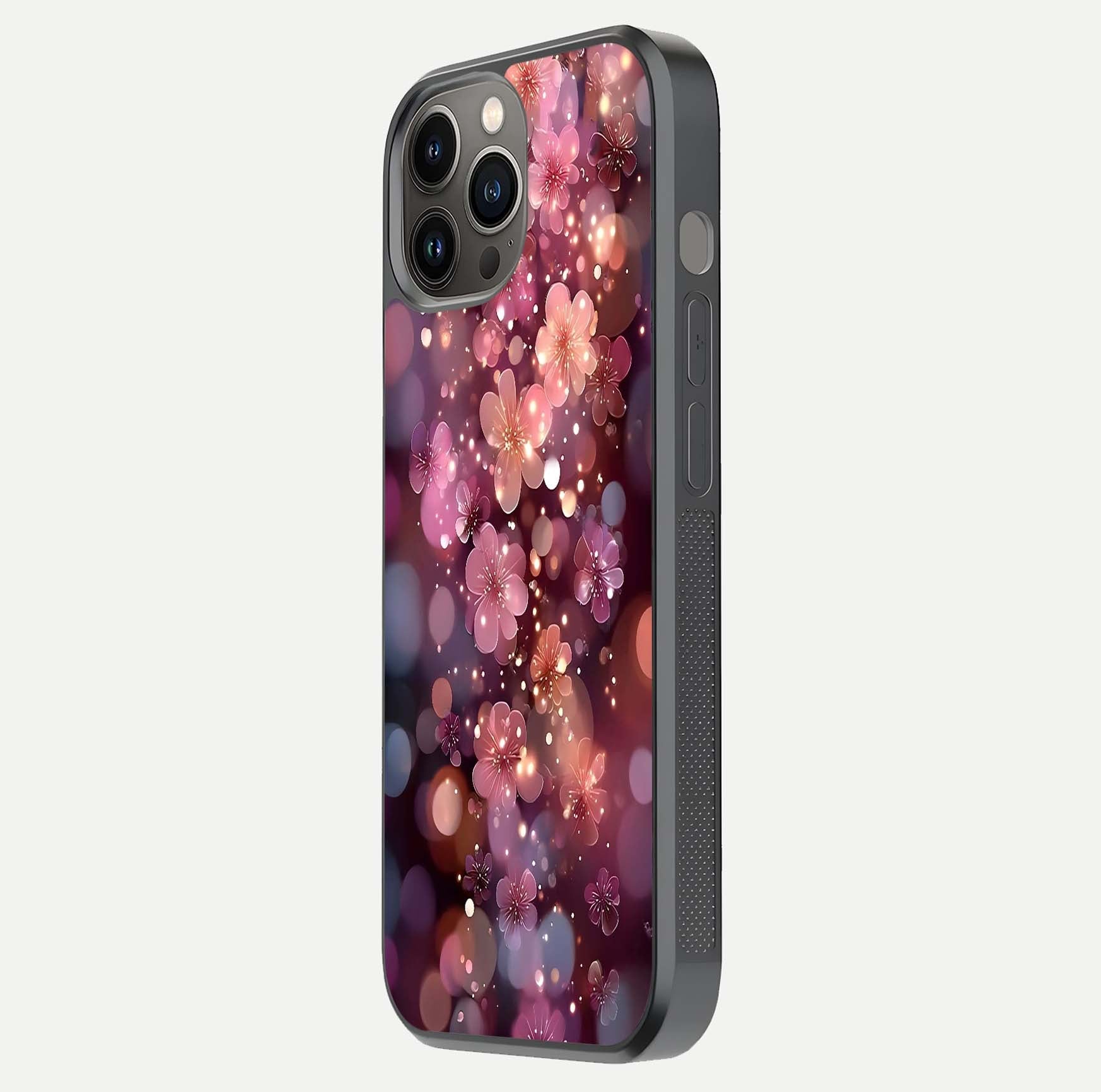 Glowing Petal Bliss Glass Case for iPhone 12 Pro Max side-angle image showing light reflection and soft floral texture
