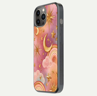 Golden Celestial Dreams Glass Case for iPhone 12 Pro Max side-angle image capturing reflection brightness and starry detail