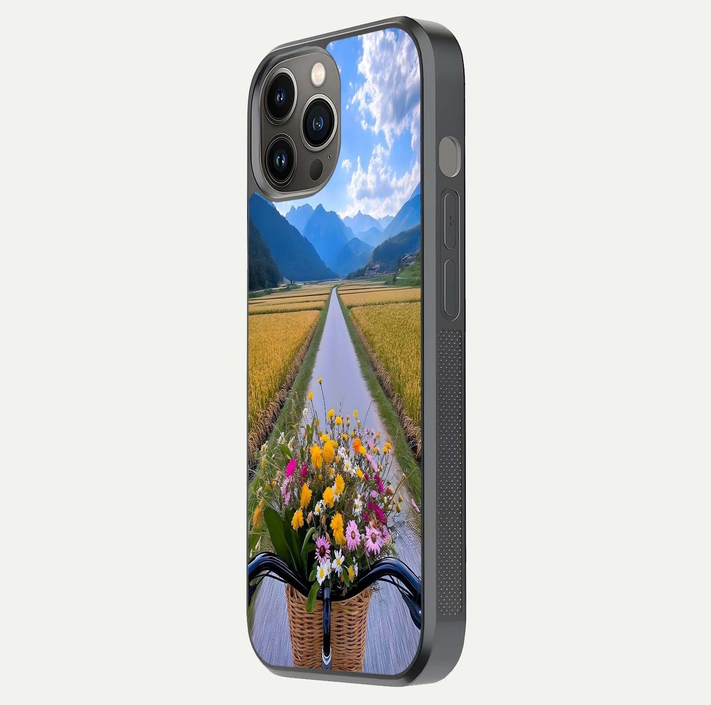 Golden Field Journey Glass Case for iPhone 12 Pro Max side-angle image showing golden glow, reflection shine, and curved edge