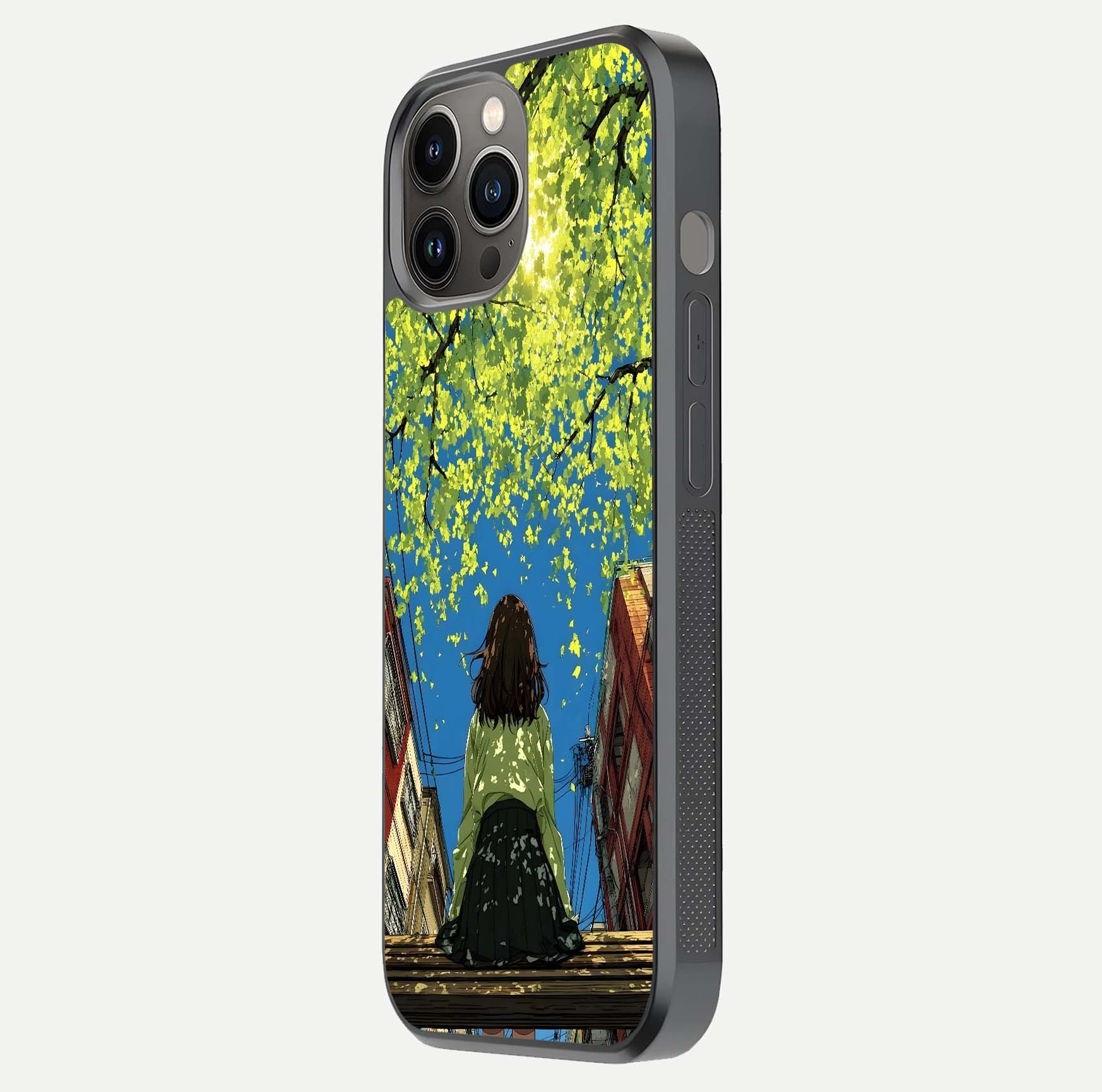 Golden Leaves Glow Glass Case for iPhone 12 Pro Max side-angle image showing reflection polish and elegant pattern