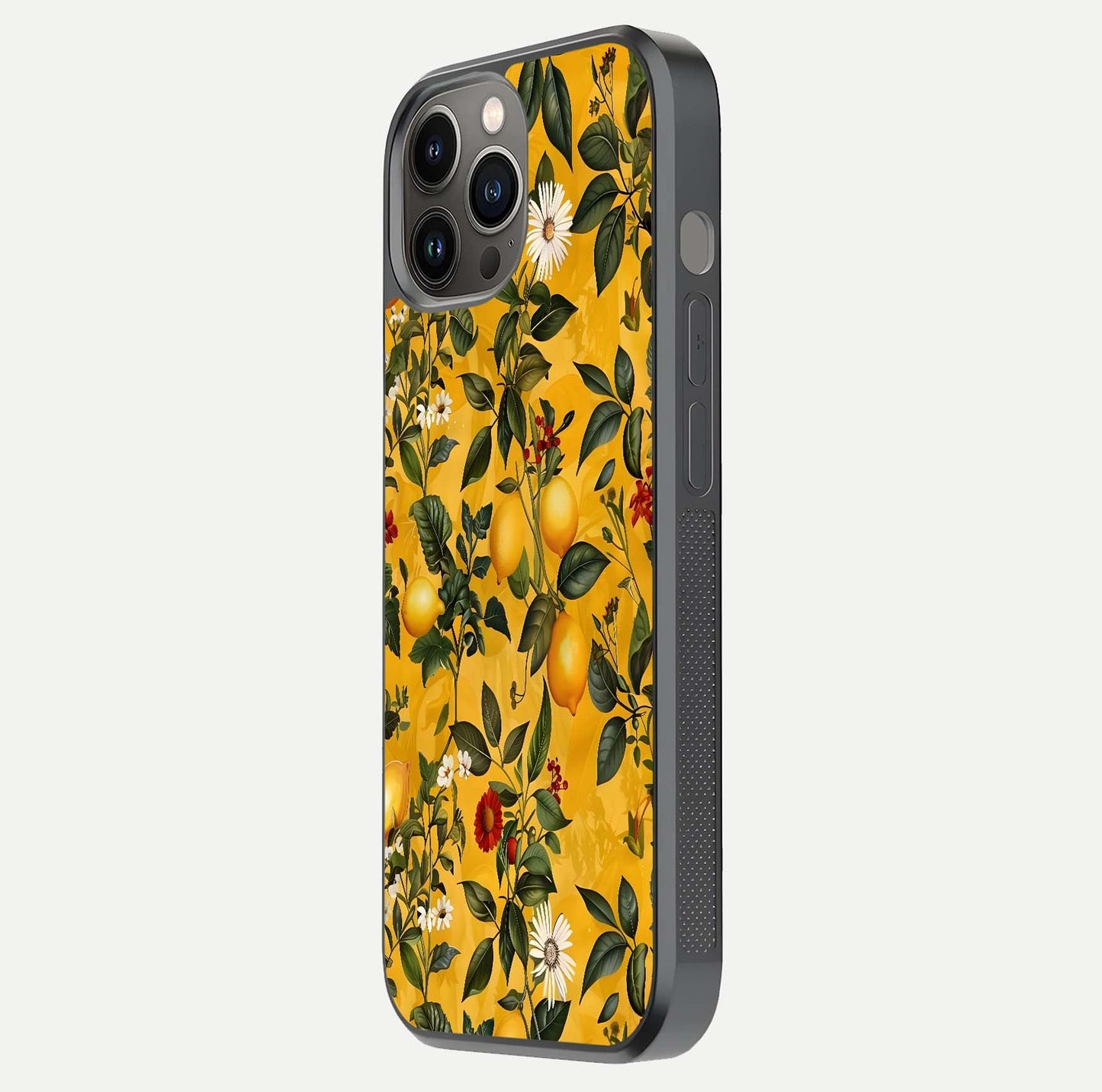 Golden Lemon Field Glass Case for iPhone 12 Pro Max side-angle image showing reflection clarity and juicy color tone